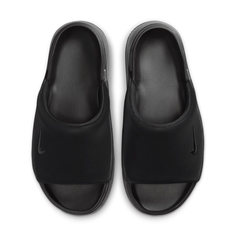 Pair of women's black slide sandals with open toe, padded upper, and swoosh