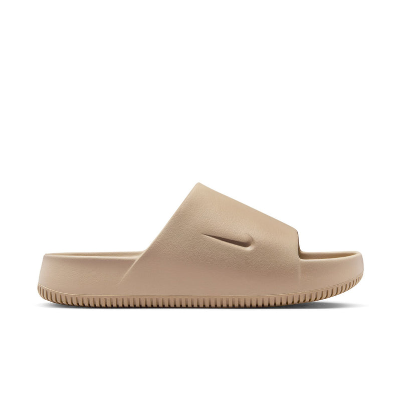 Men's khaki slide sandals with Nike swoosh and ridged rubber sole