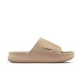 Men's khaki slide sandals with Nike swoosh and ridged rubber sole