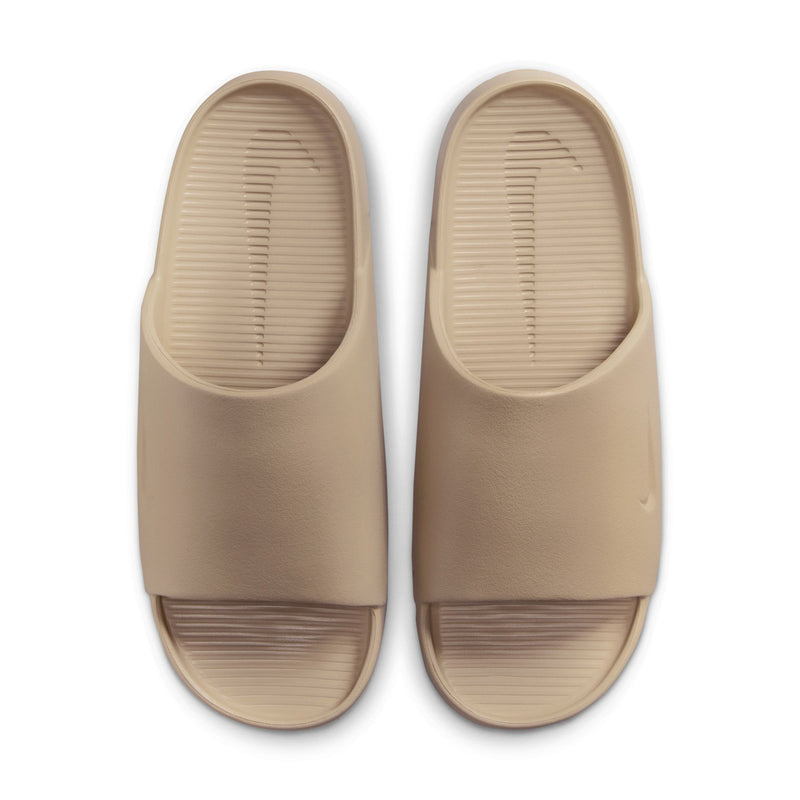Khaki slide sandals, pair view with molded footbed and rubber outsole
