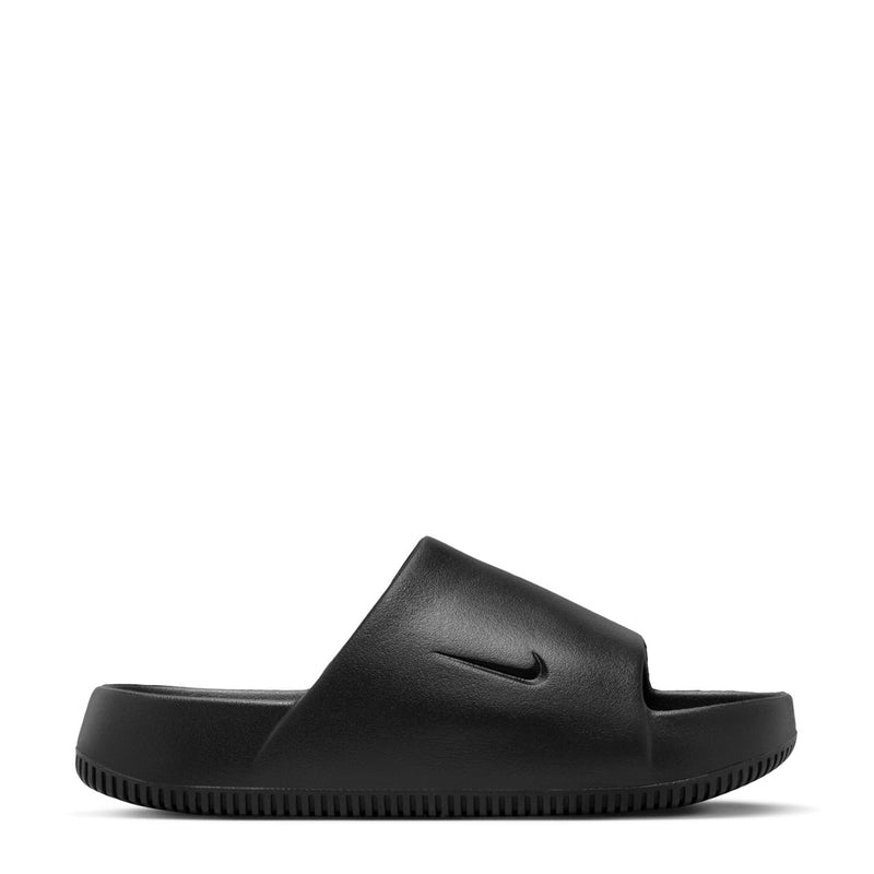 Black slide sandal with contoured footbed and Nike swoosh logo on upper