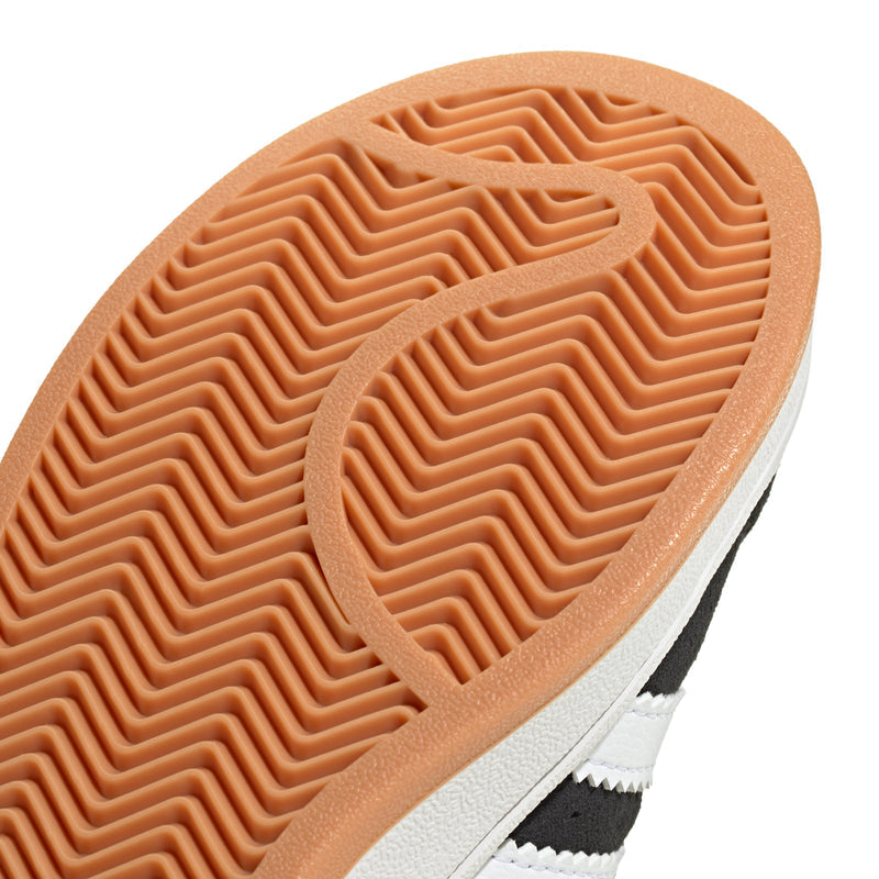 Kids sneaker outsole close-up with zigzag gum tread and white midsole edge