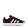 Women’s black fabric low-top sneakers with pink and white triple stripes