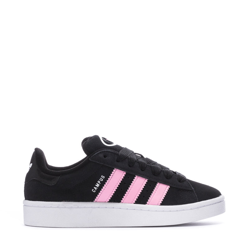 Women’s black fabric low-top sneakers with pink and white triple stripes