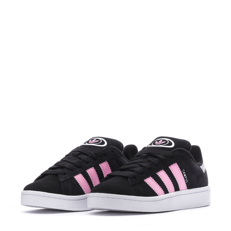 Women’s black fabric low-top sneakers, pair view, pink triple stripes and white sole
