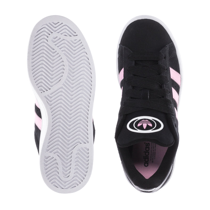 Women’s black low-top sneakers outsole and side view with pink stripe accents