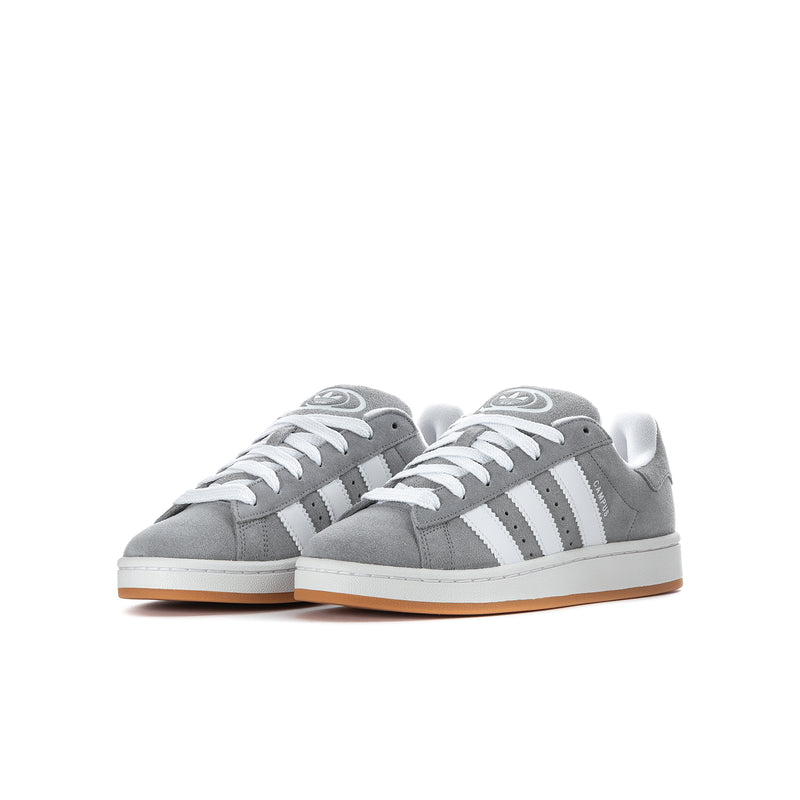 Youth Adidas Campus sneakers, grey uppers with three white stripes and gum outsole