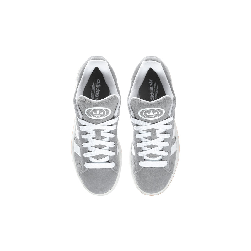 Youth Adidas Campus sneakers with grey uppers and white lace-up stripes, back view