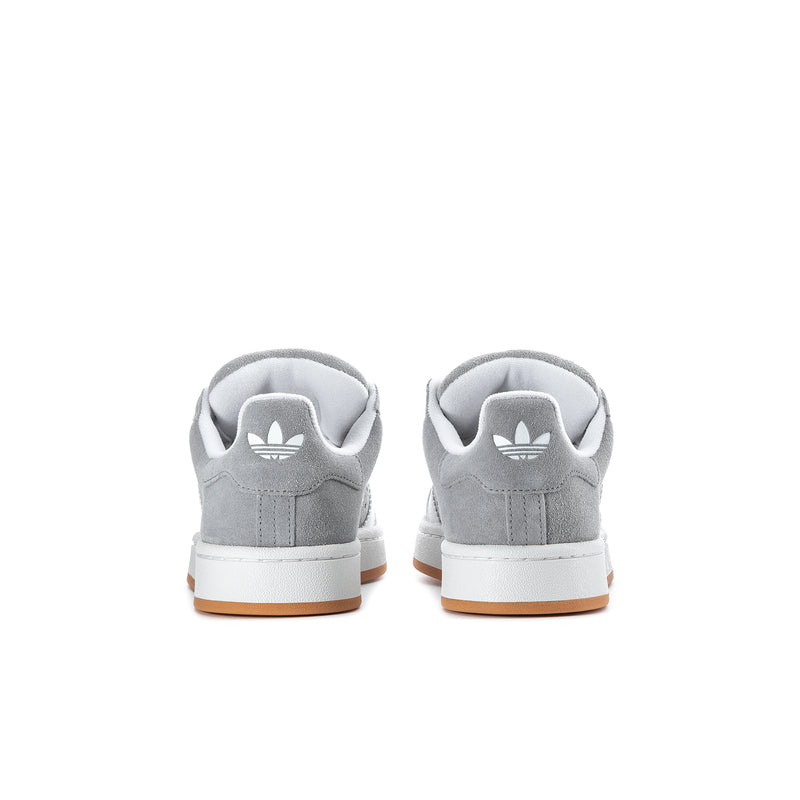 Youth Adidas Campus sneaker heels in grey suede with white Trefoil and gum trim