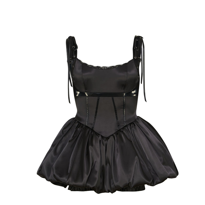 Black satin dress with corset-style top on a white background