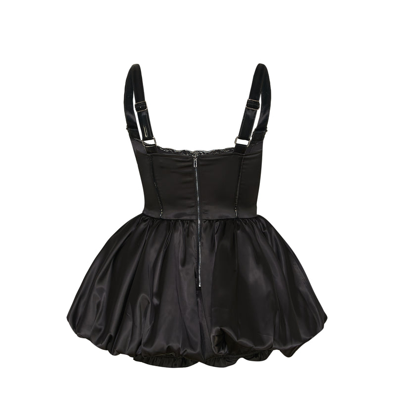 Black corset dress with suspenders on a white background