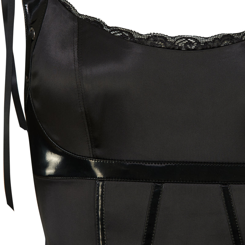 Black satin bag with lace trim on a white background