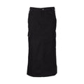 Black canvas cargo skirt for women, front view, button waist and side cargo pockets.