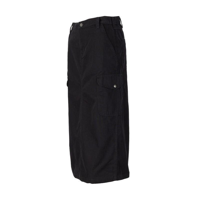 Black canvas cargo skirt for women, side view with flap cargo pocket and belt loops.