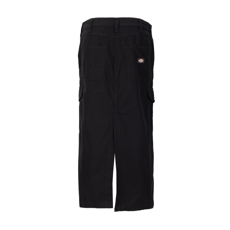 Black canvas cargo skirt for women, back view with patch pockets and logo at pocket.