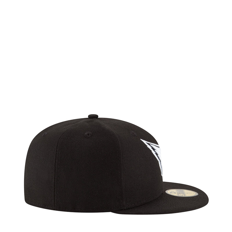 Black baseball cap, side view with white bird logo and curved brim