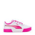 Toddler white leather-look Puma sneakers, pink laces and side stripe, ribbed pink sole
