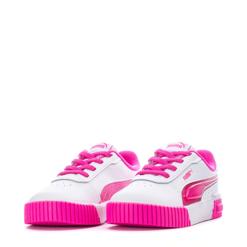 Toddler white Puma sneakers, pink laces and toe cap, pair front view, ribbed sole