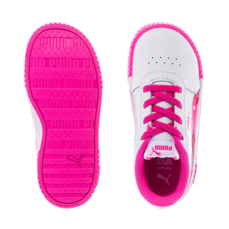 Toddler sneakers outsoles: bright pink tread and Puma logo, white uppers with pink trim