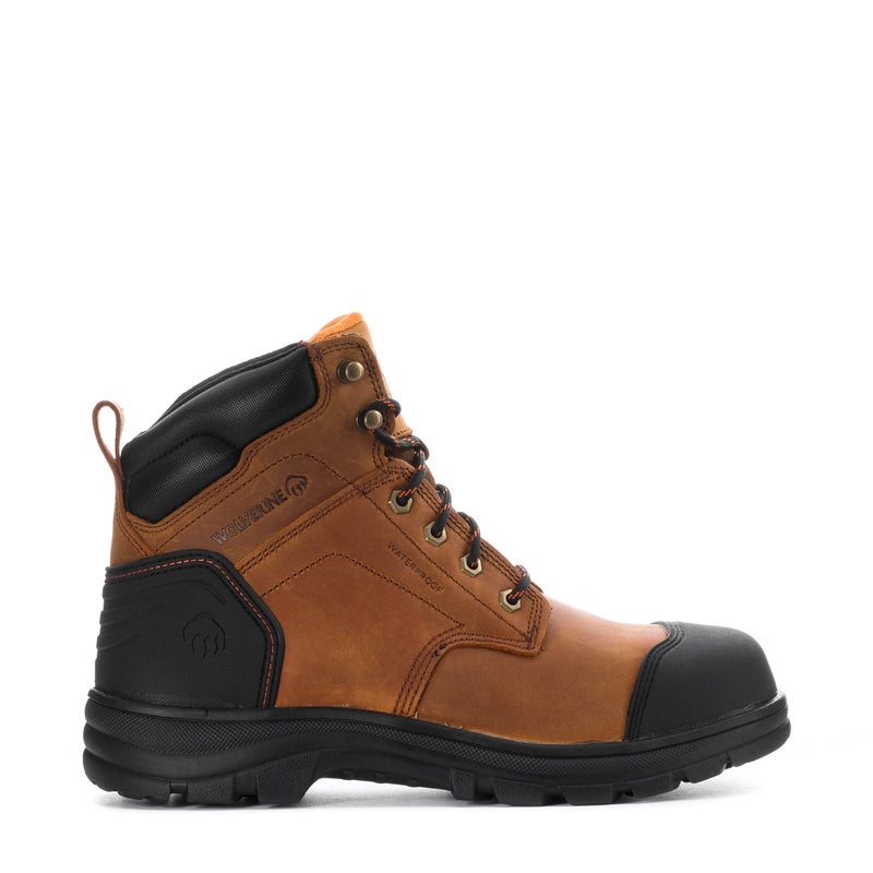 Men's tan and black steel toe work boots, padded collar, lace-up design.