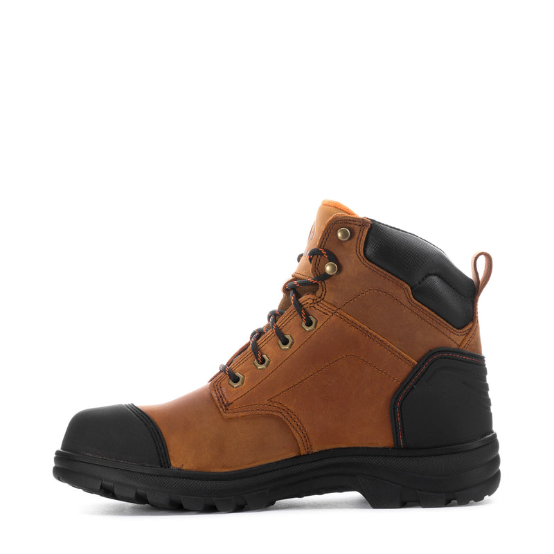 Men's tan steel toe lace-up work boots with black panels, side profile.