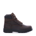 Brown men's lace-up boot side view with stitched panels and black tread outsole