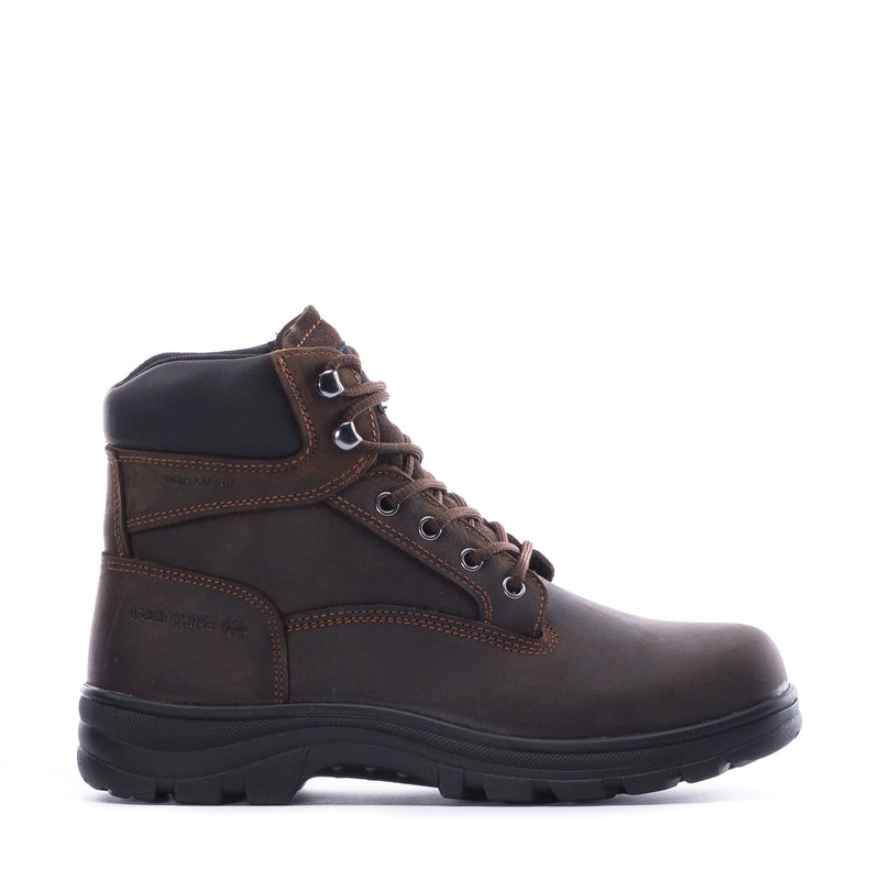 Brown men's lace-up boot side view with stitched panels and black tread outsole