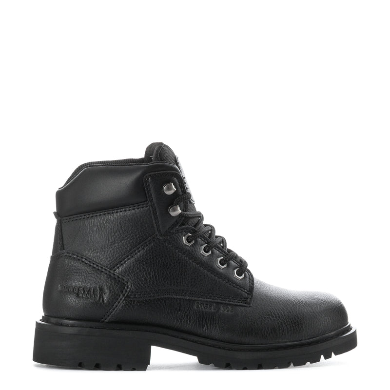 Black lace-up mid work boots with padded collar and chunky tread outsole