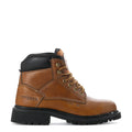 Women's brown steel-toe lace-up work boot with black collar and lug sole