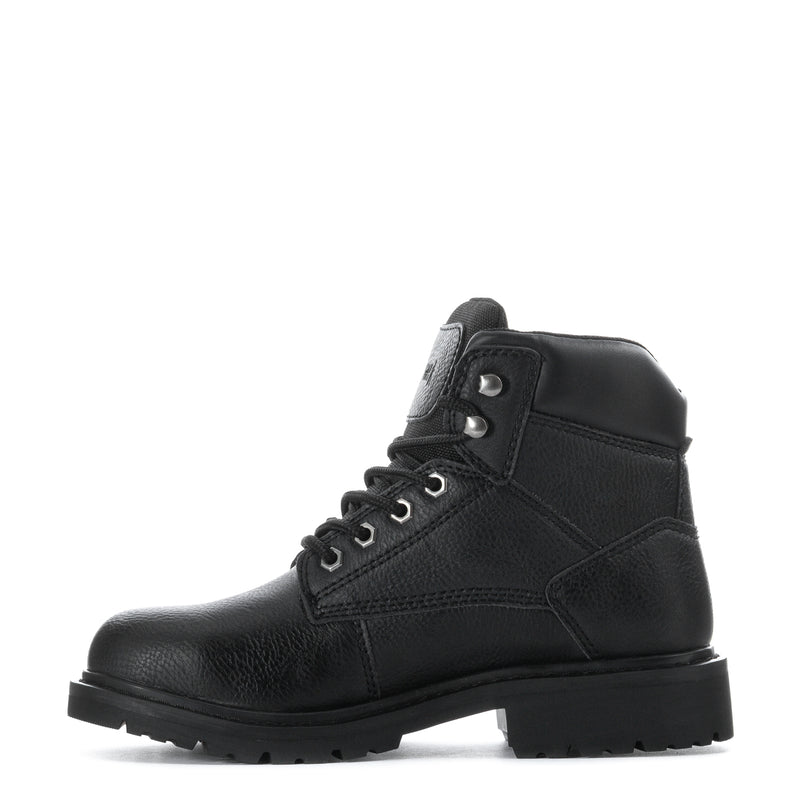 Black lace-up high work boot with padded tongue and rugged rubber outsole