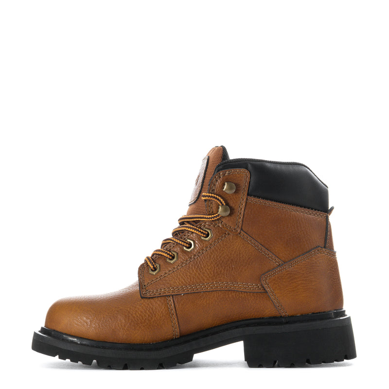 Women's brown steel-toe lace-up work boot with black heel panel and lug sole