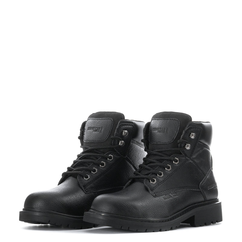 Black pair of lace-up mid work boots with reinforced seams and lace eyelets