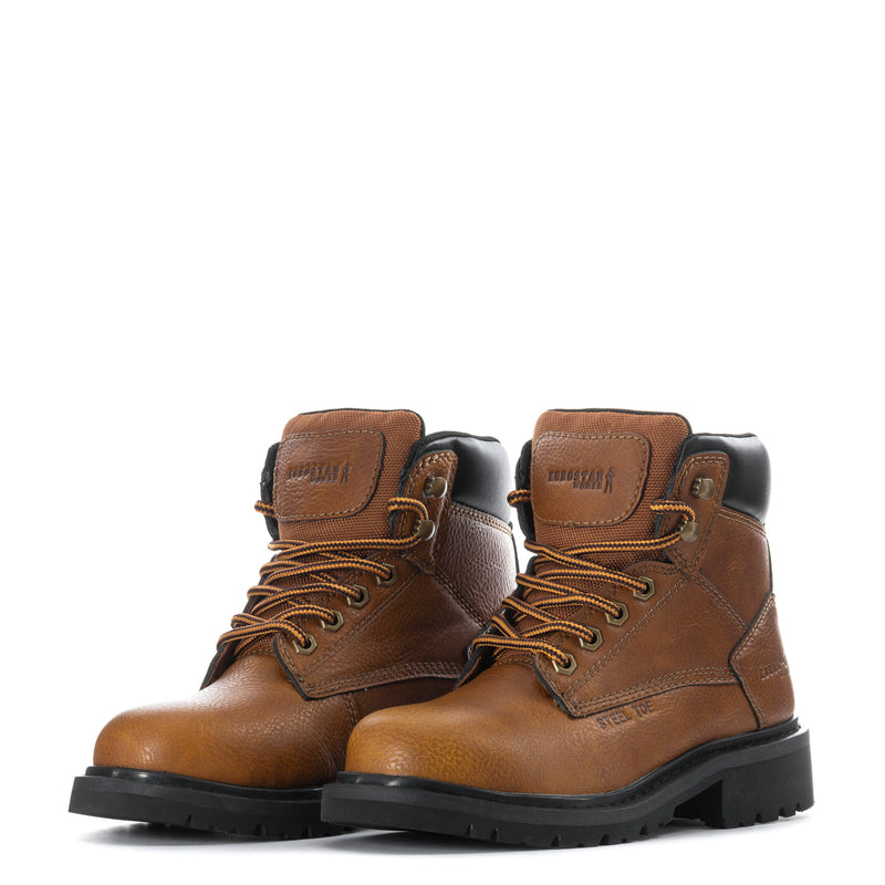 Pair of women's brown steel-toe lace-up work boots with black lug soles