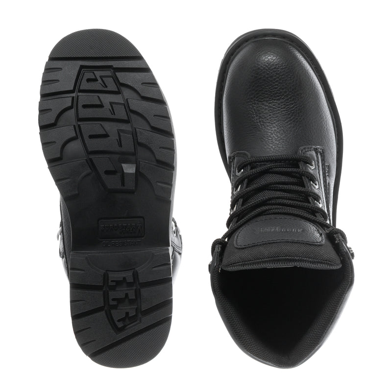 Black work boot soles and padded toe opening shown from side and bottom views