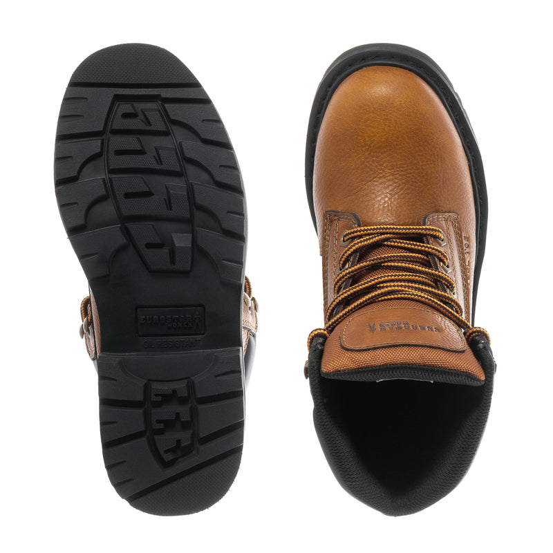 Steel-toe work boot outsole and brown lace-up toe with black lining