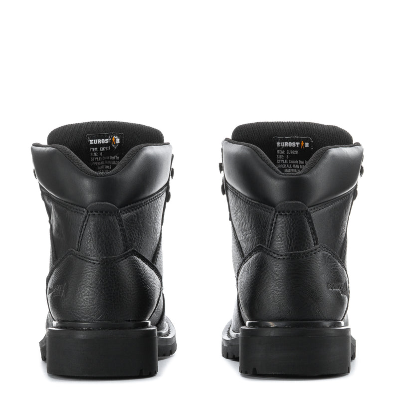 Black lace-up work boots with rear pull tabs and cushioned heel collars