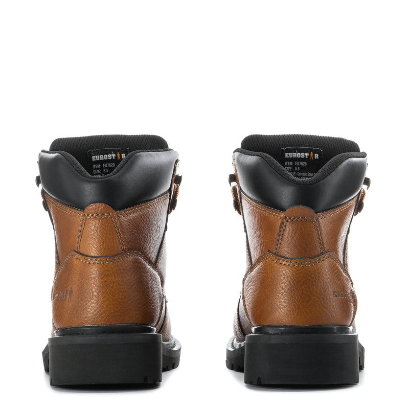 Women's brown steel-toe lace-up work boots with black heel collar and pull tabs