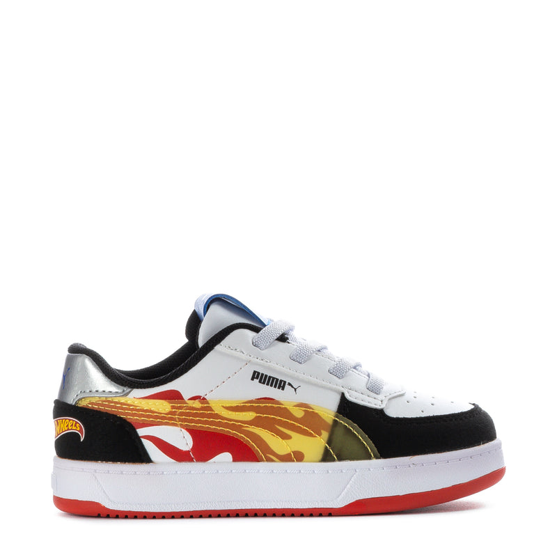 Toddler Puma sneakers, white/black with Hot Wheels graphic and red sole
