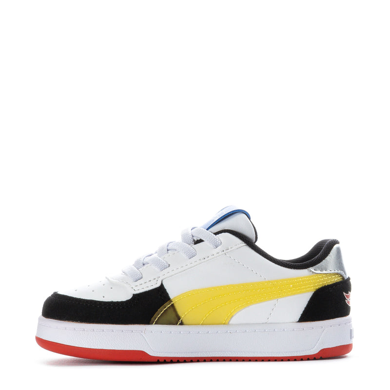 Toddler Puma sneakers, white with yellow side stripe, black toe and red sole