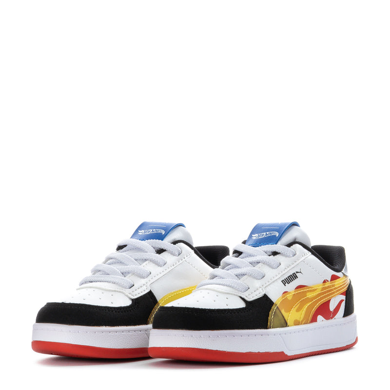 Toddler Puma sneakers, white with black panels and multi-color Hot Wheels flame print