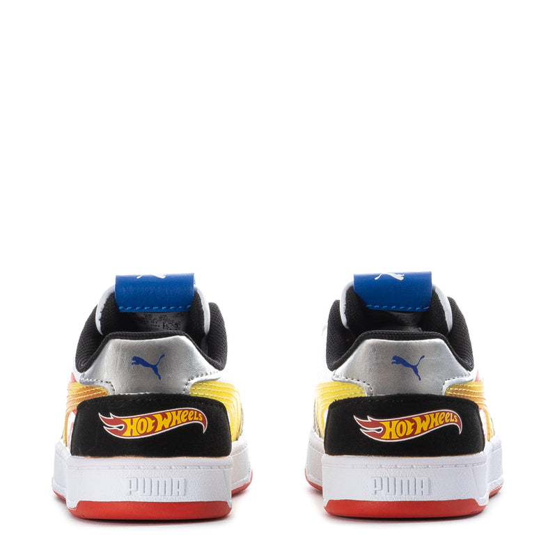 Toddler Puma sneakers heel view, black with Hot Wheels logo and blue collar tabs