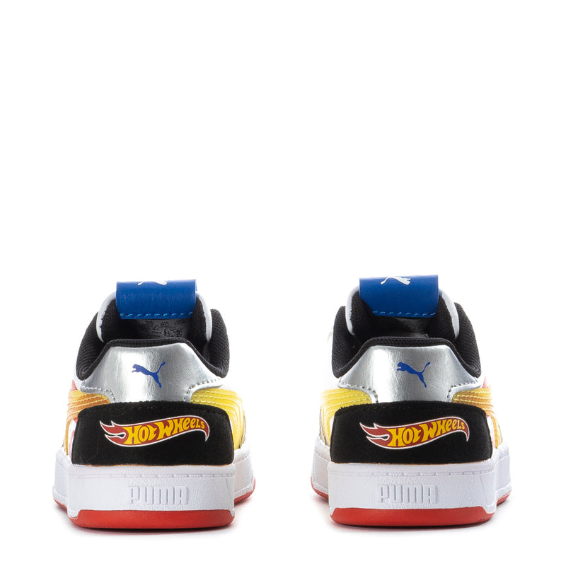 Toddler Puma sneakers pair, black heel with Hot Wheels logo and blue collar tabs
