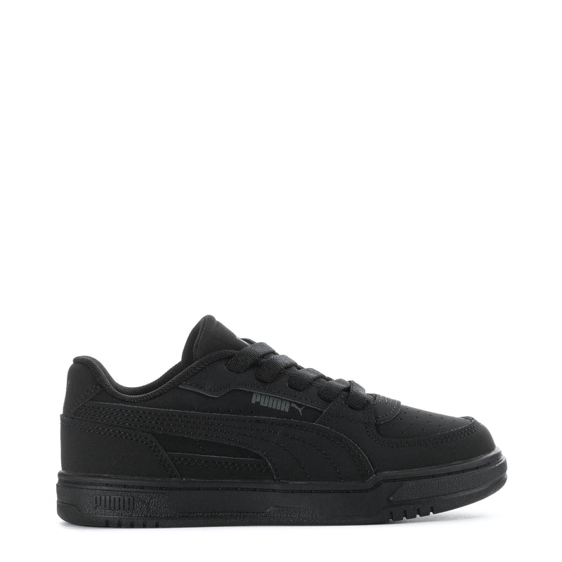 Kids' black low-top sneaker with Puma logo and lace-up front, cushioned sole