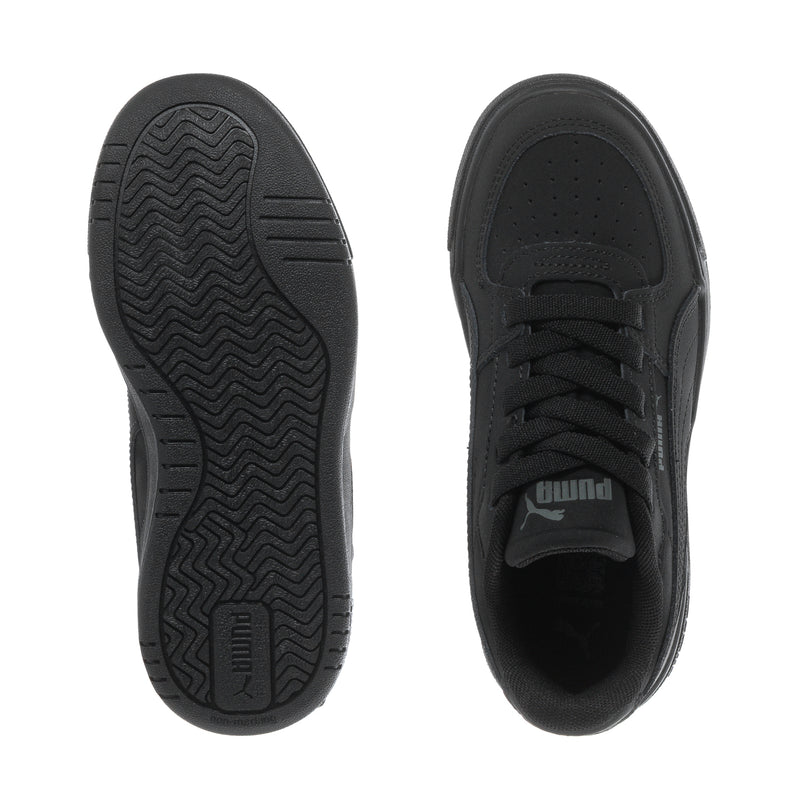 Kids' sneaker outsole and heel view, black rubber tread and padded collar
