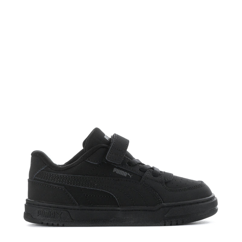Black toddler sneakers with hook-and-loop strap and PUMA logo, side view.