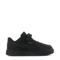 Black toddler sneakers with hook-and-loop strap and PUMA logo, side view.