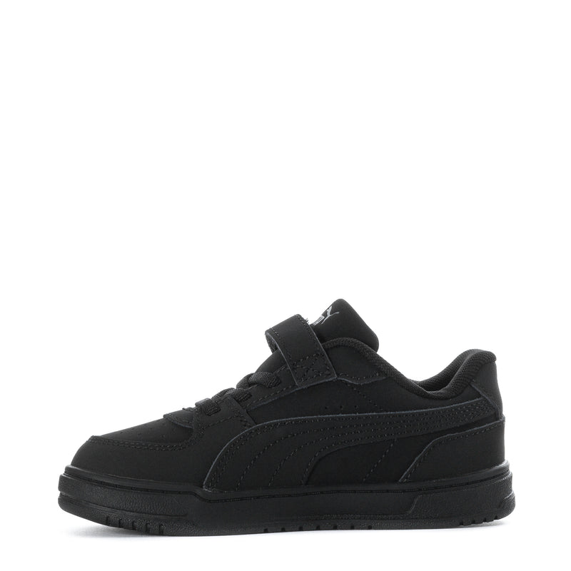 Black toddler sneakers with hook-and-loop strap, angled side view.