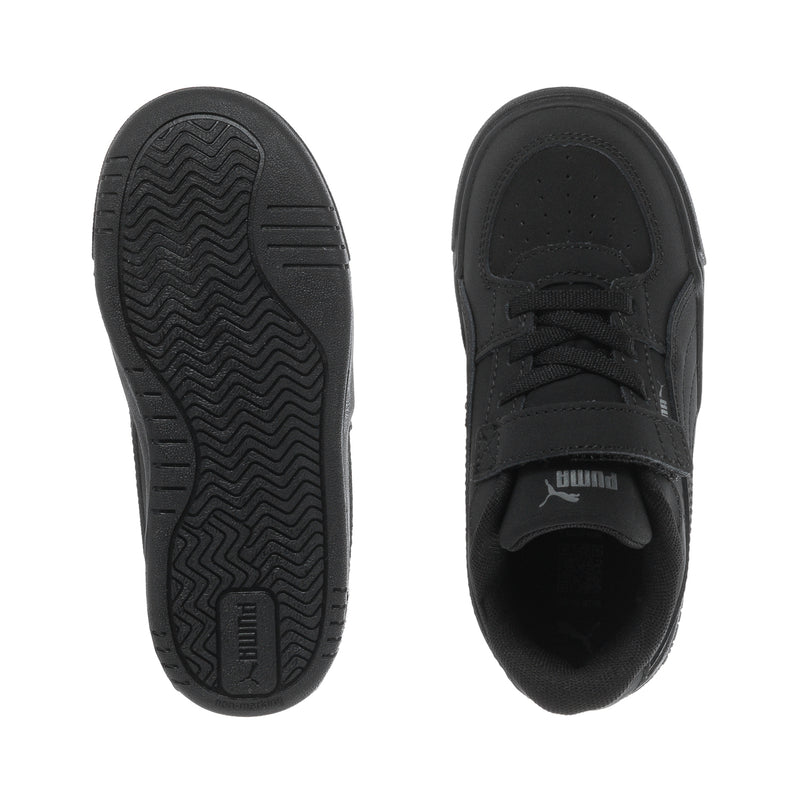 Black toddler sneakers: outsole tread and inner lining view.