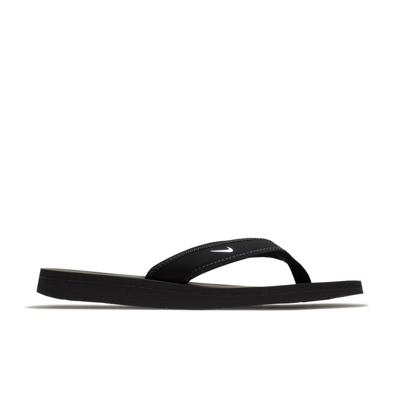 Women's black thong sandals with white footbed and curved strap