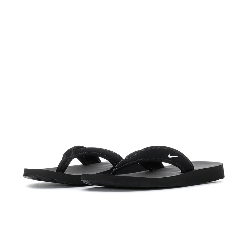 Pair of women's black thong sandals with white footbeds and slim straps